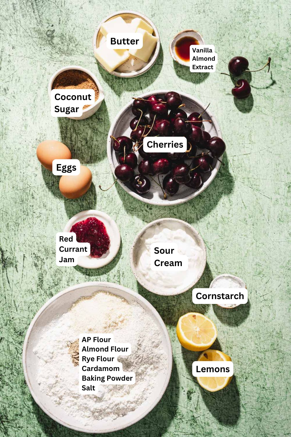 ingredients to make the cake with name tags