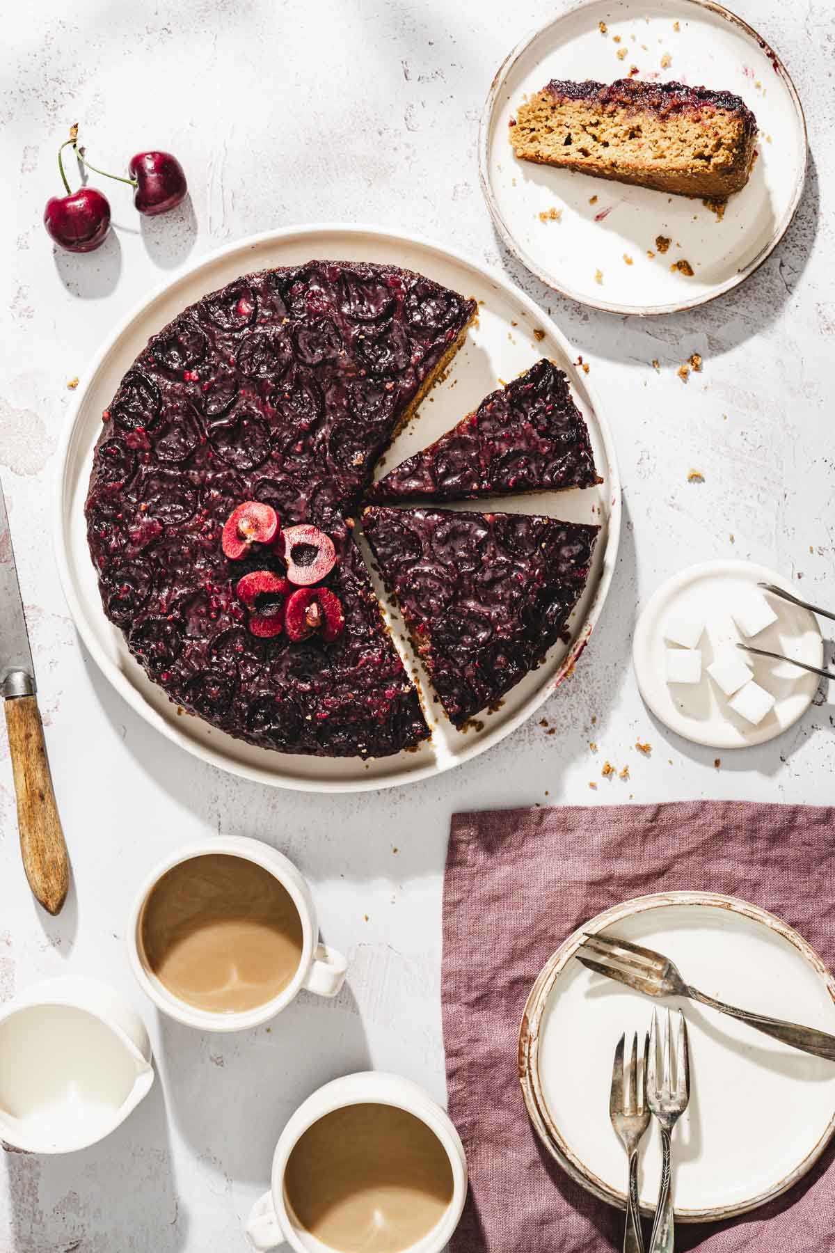 baked and sliced cherry upside down cake