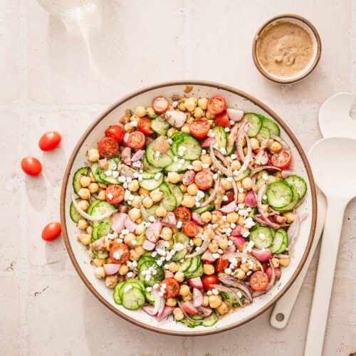 chickpea salad in a large serving bowl