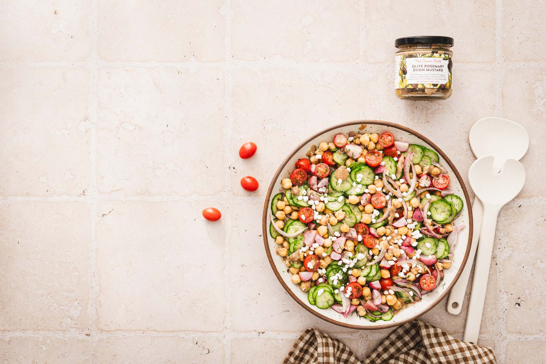 top view of large bowl, jar with mustard, horizontal