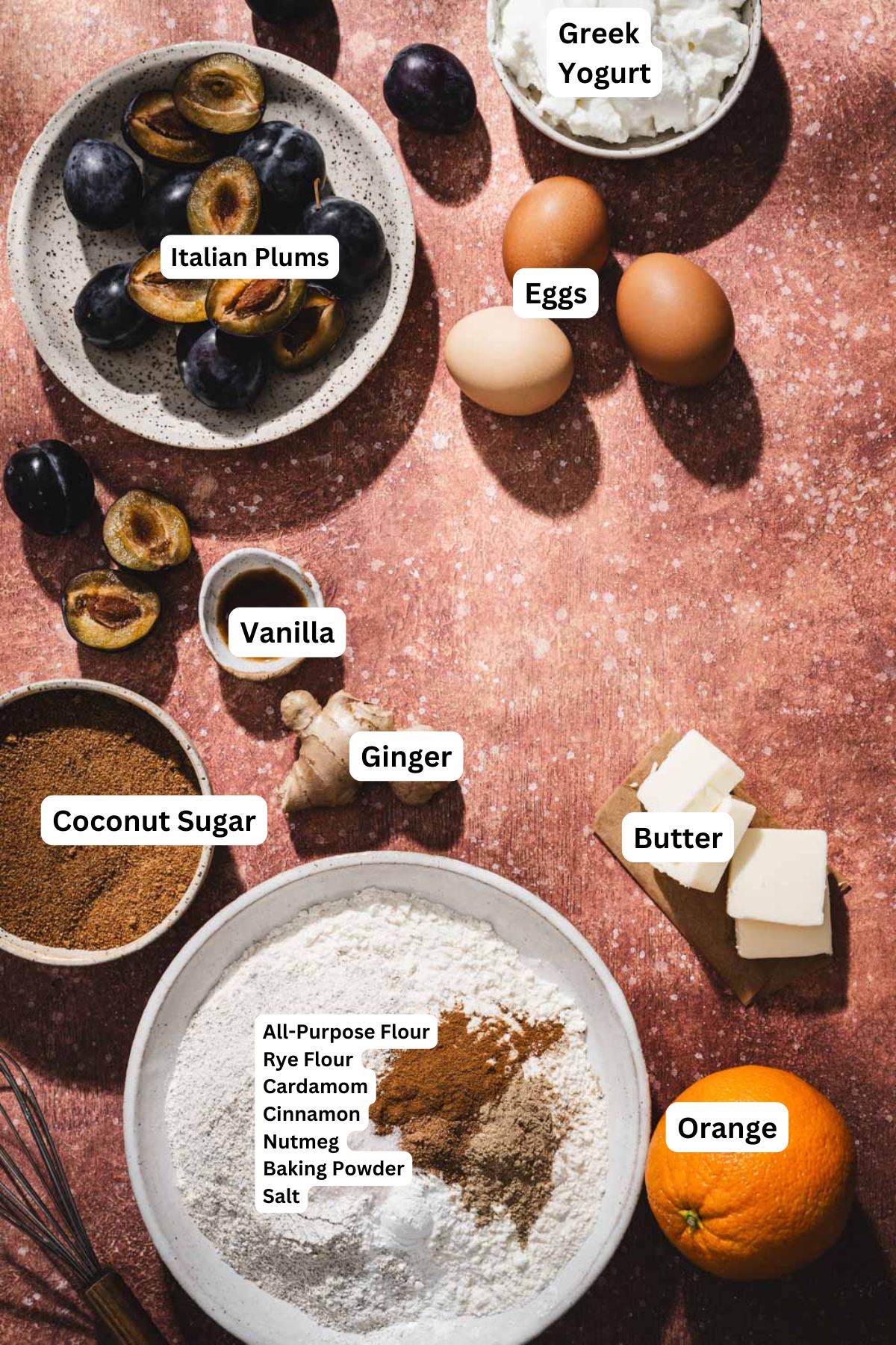ingredients to make brown butter plum cake with anme tags