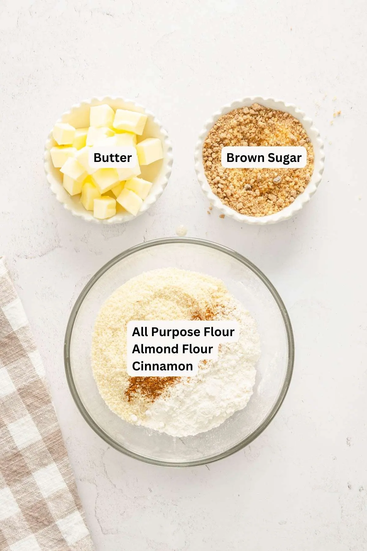 ingredients to make crumble with name tags