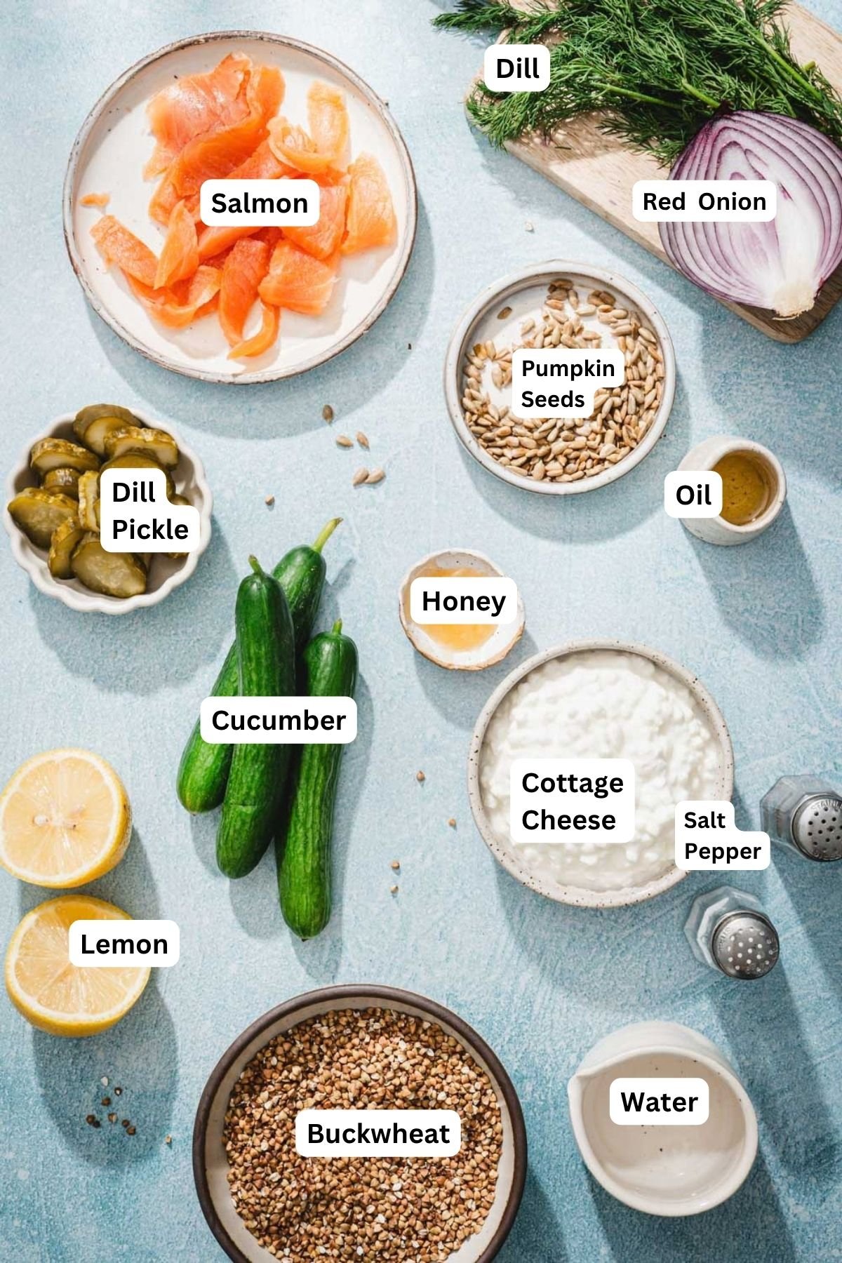 ingredients to make buckwheat salmon with name tags