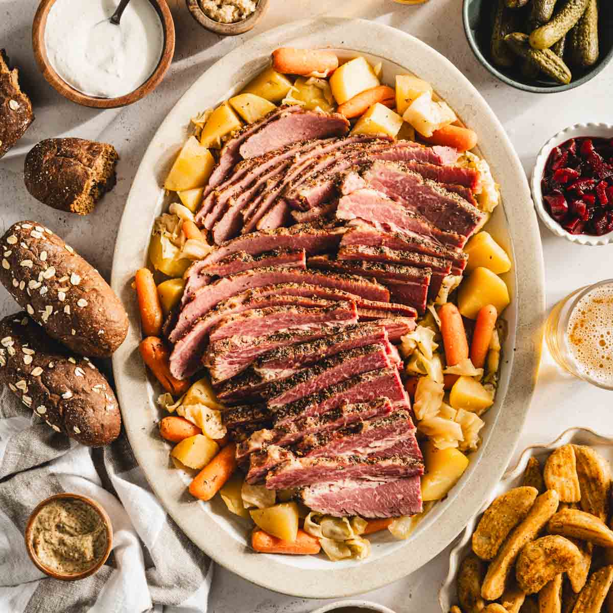 cooked corned beef brisket on a serving platter with cooked veggies underneath and to the side, glasses with beer, bowls with pickled veggies, thick cut fries, bread rolls