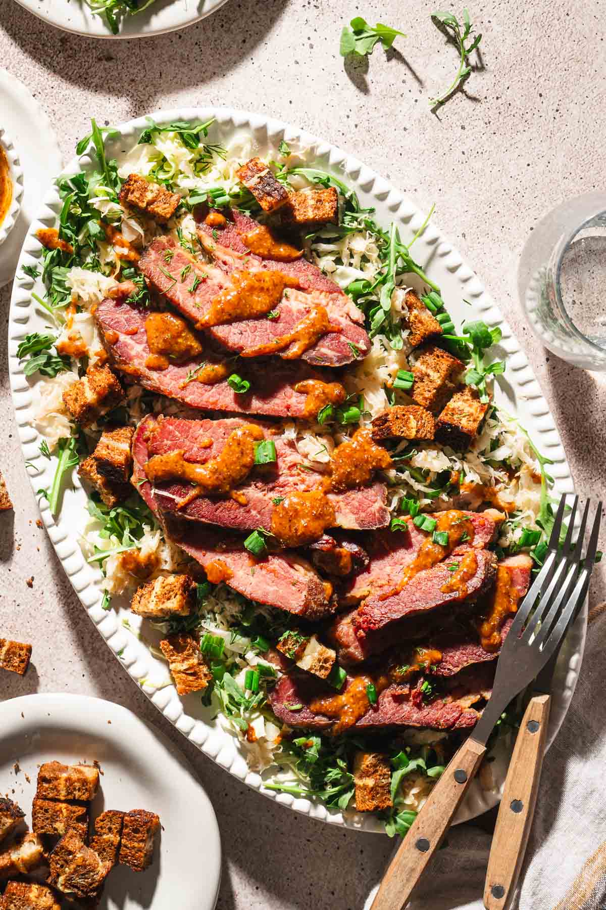 close up of corned beef salad on a serving platter