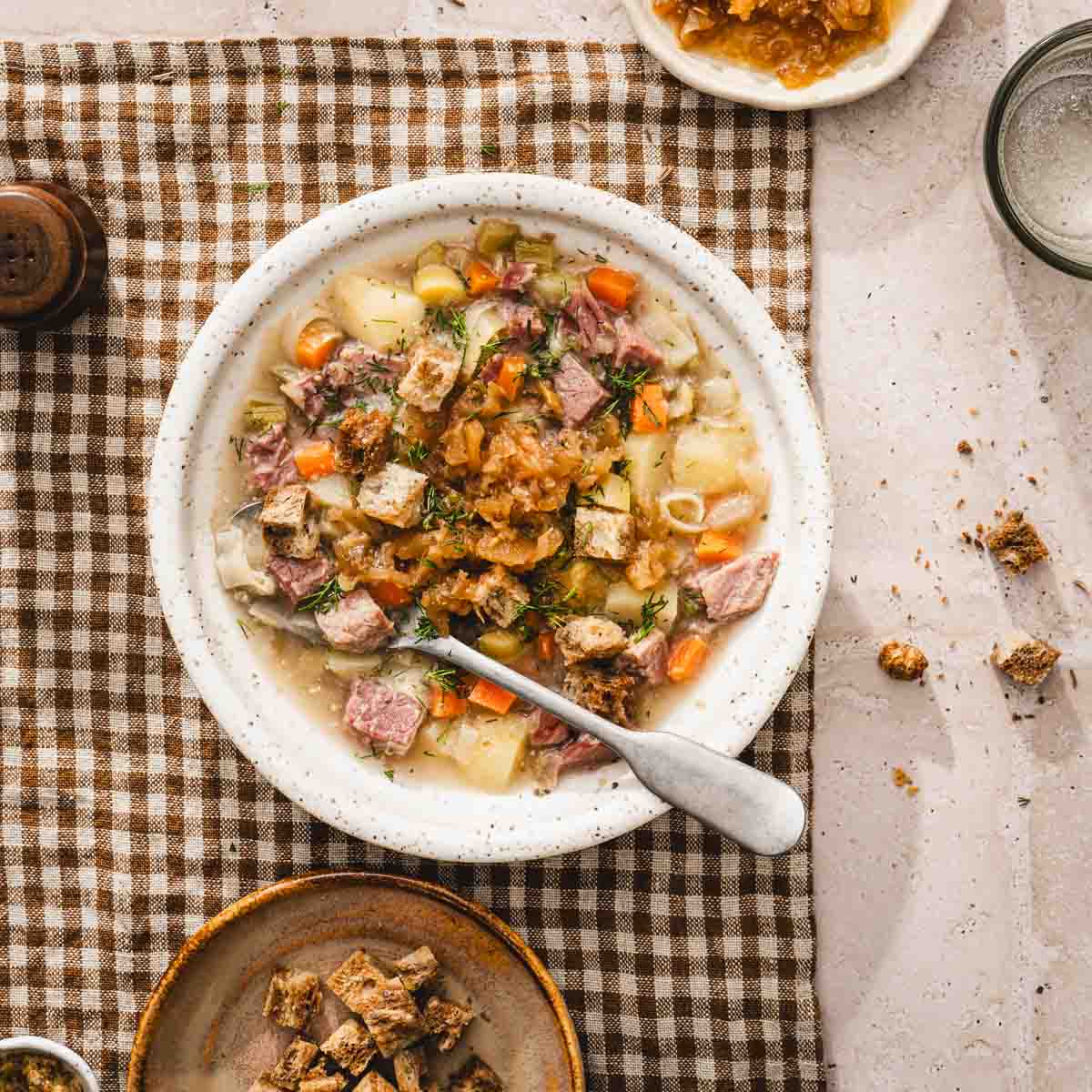 cloes up of a bowl with corned beef soup