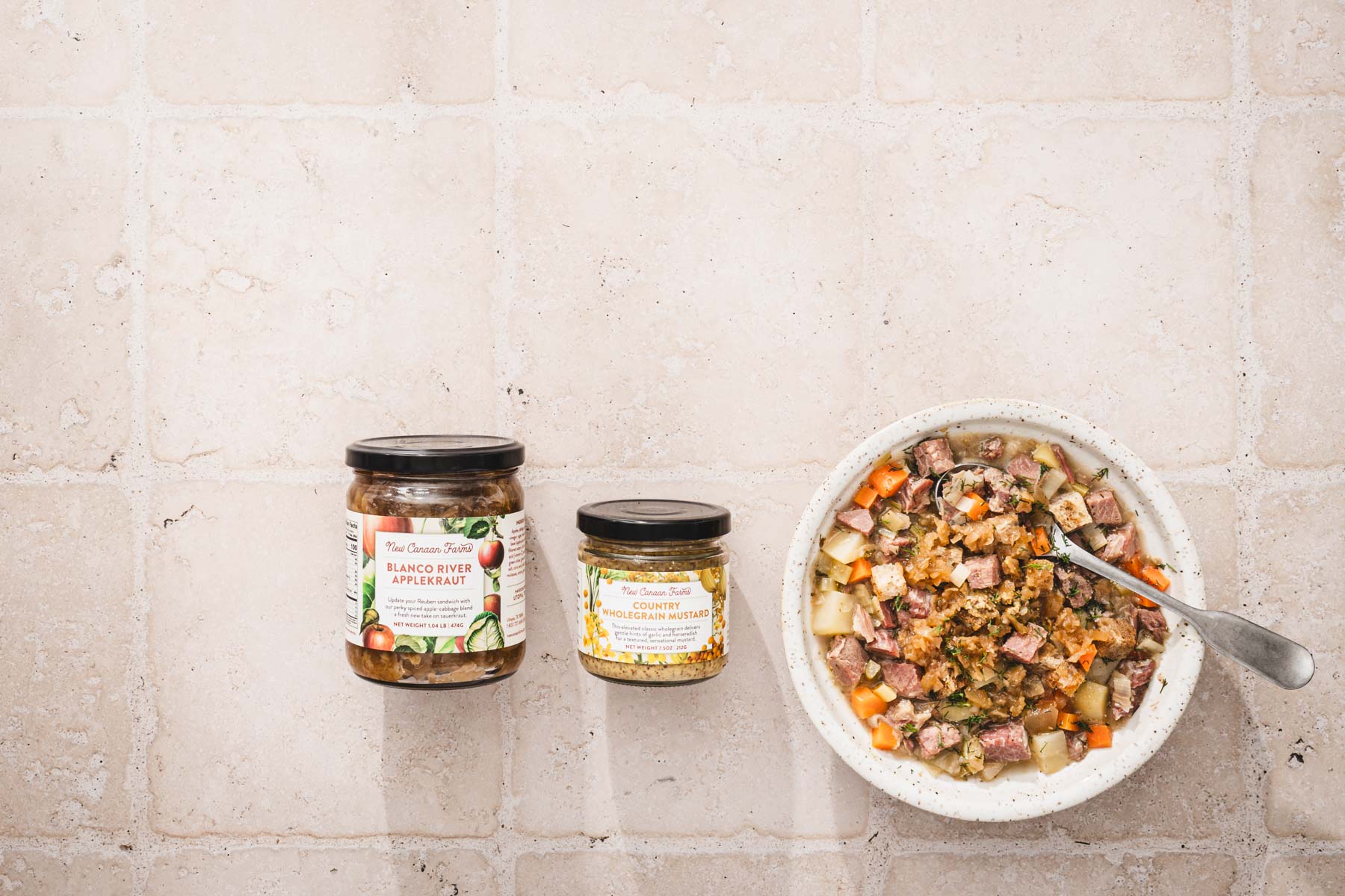 horizontal photo, bowl with soup, two jars