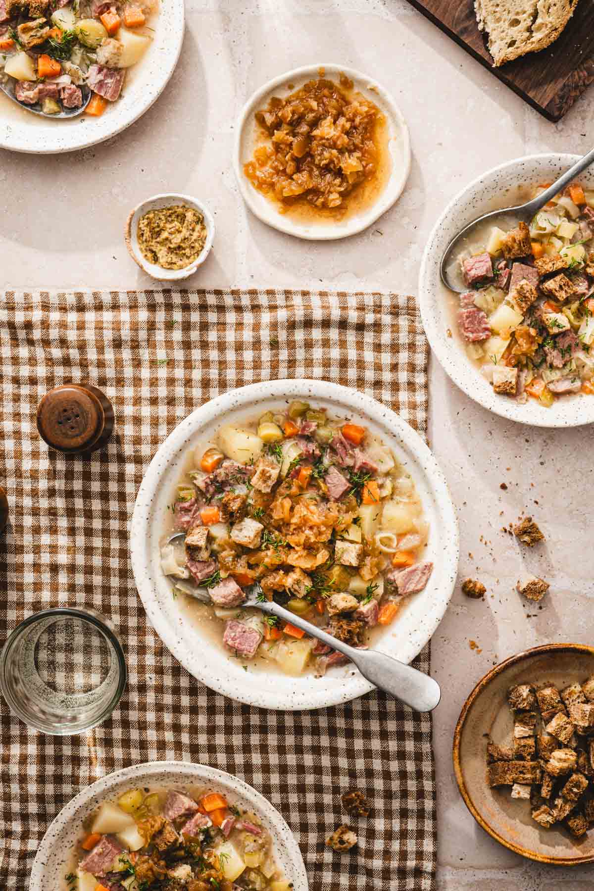 soup served in various bowls,
