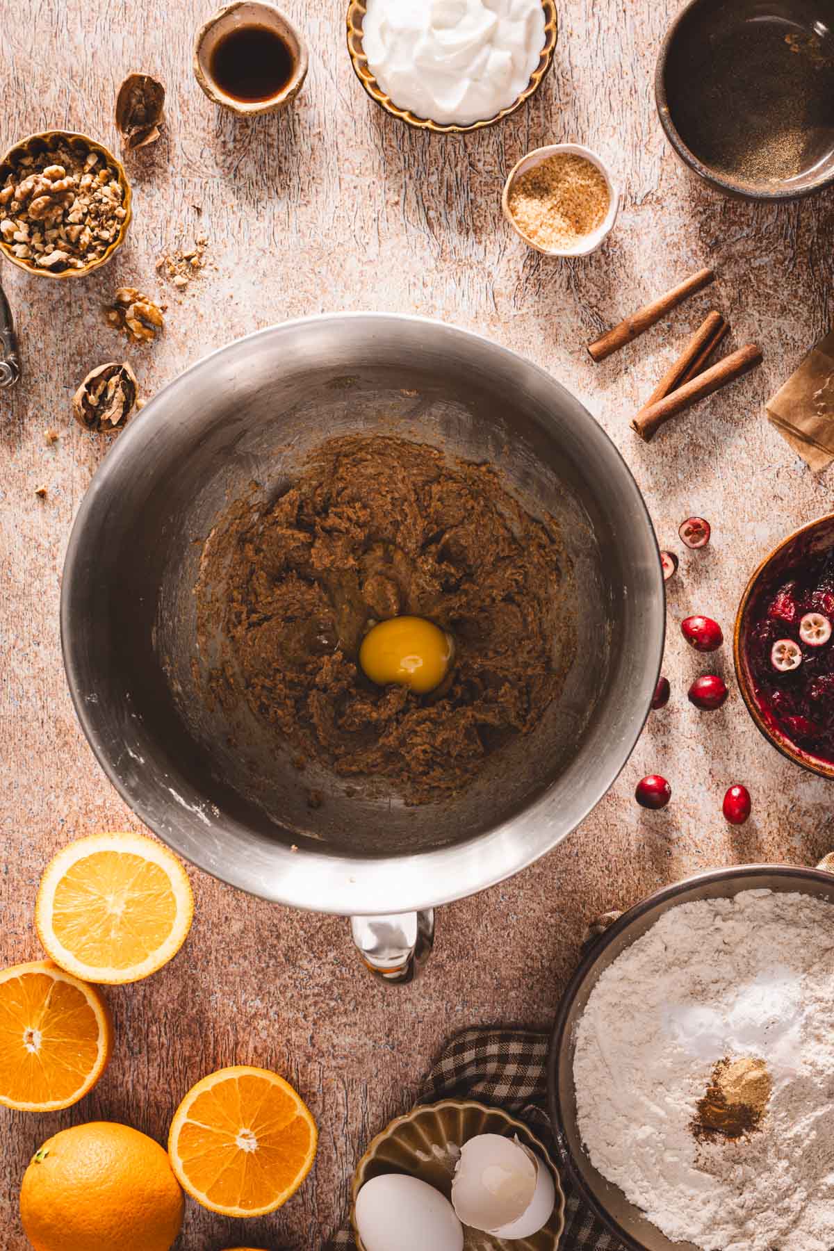 egg added to the whipped sugar-butter