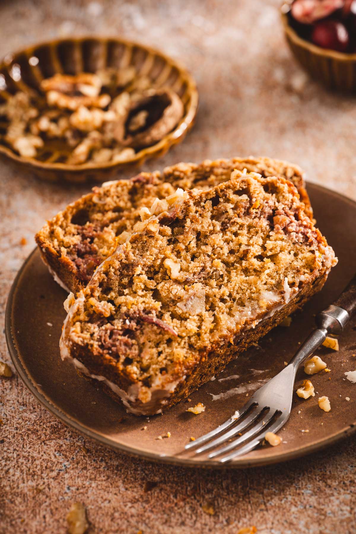close up oftwoslices of cake on a serving plate