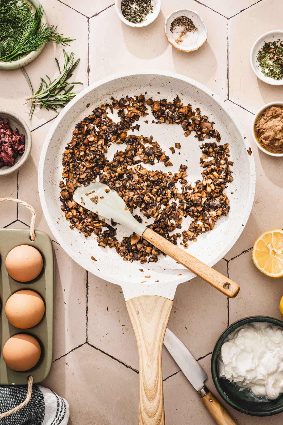 skillet with cooked duxells