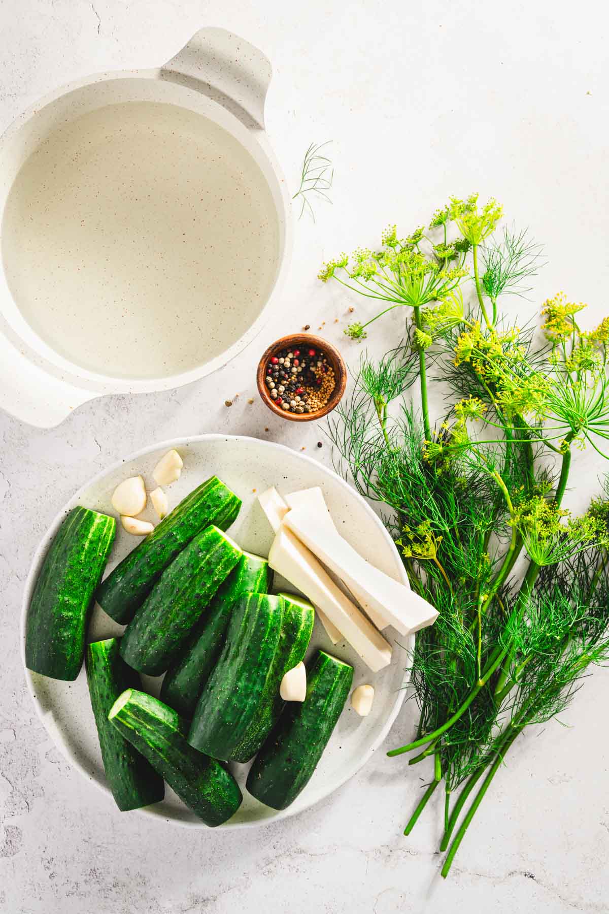 pot with water, dish with spices, cucumbers, horseradish and garlic prepared on a plate, bunch of fresh dill