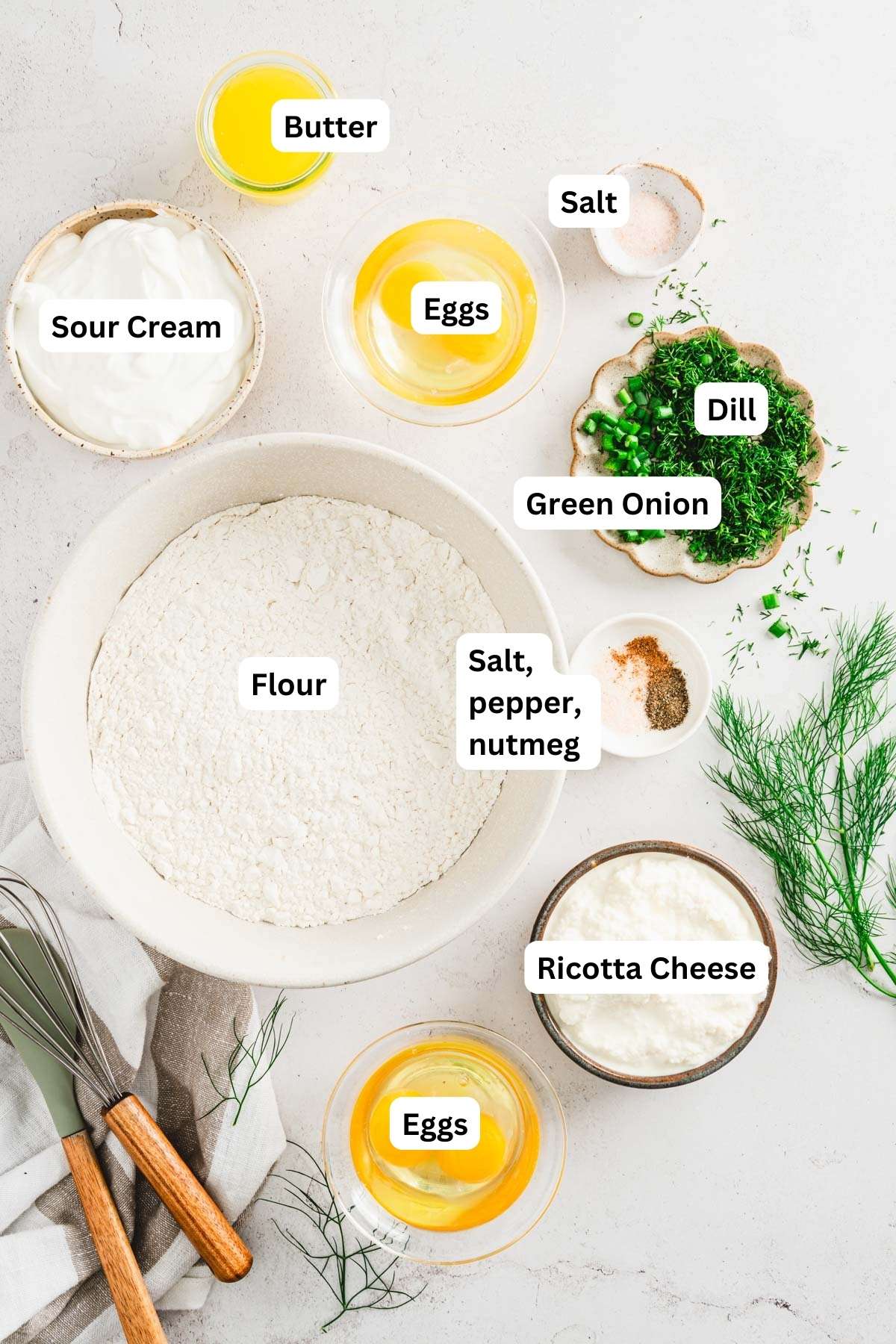 ingredients to make dill pierogi with name tags