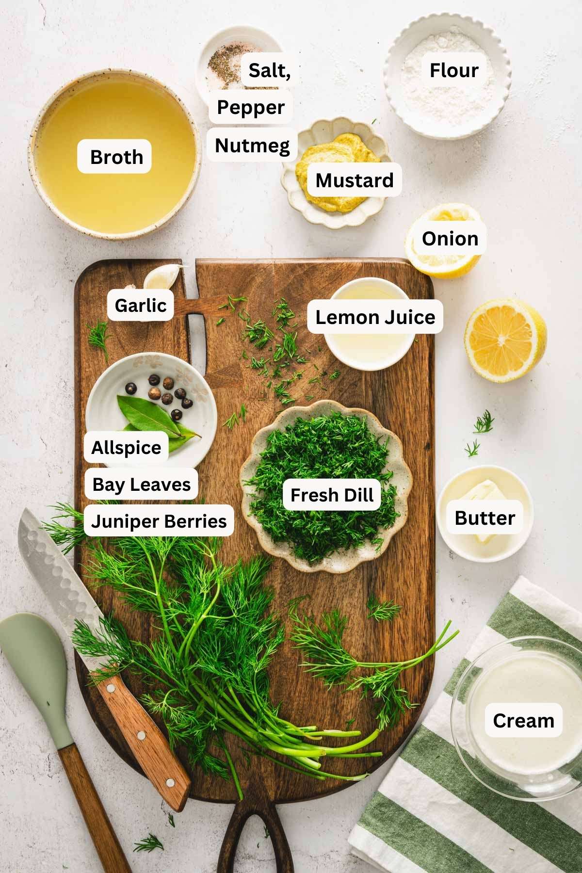 ingredients to make dill sauce with name tags