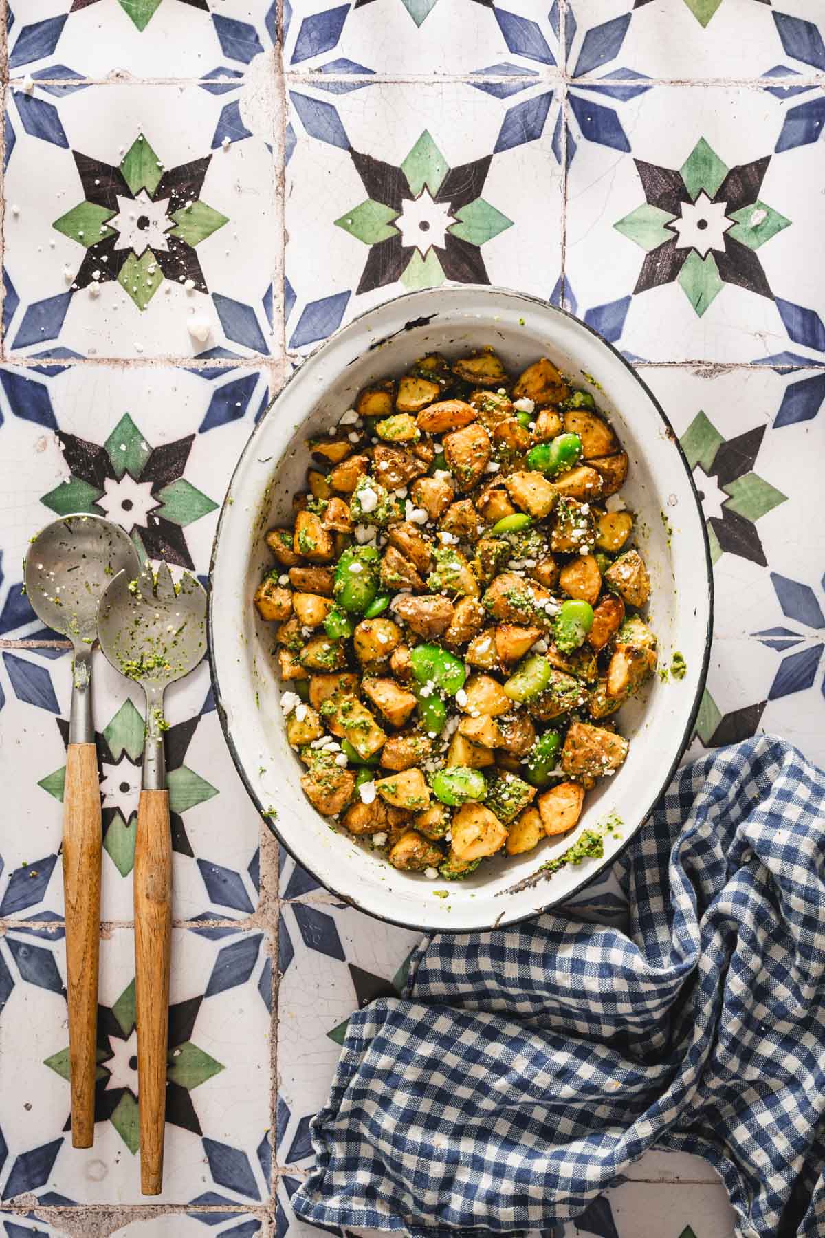 made fava bean and potato salad in a serving dish