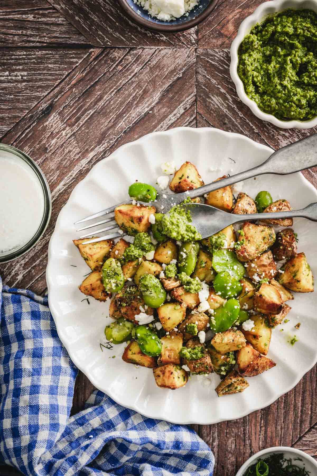 top view of the plate with the fava bean salad