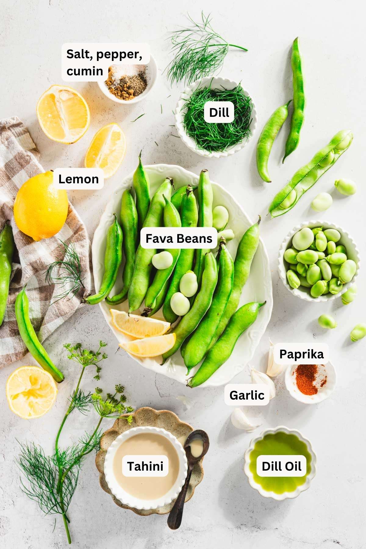 ingredients to make fava bean hummus with name tags