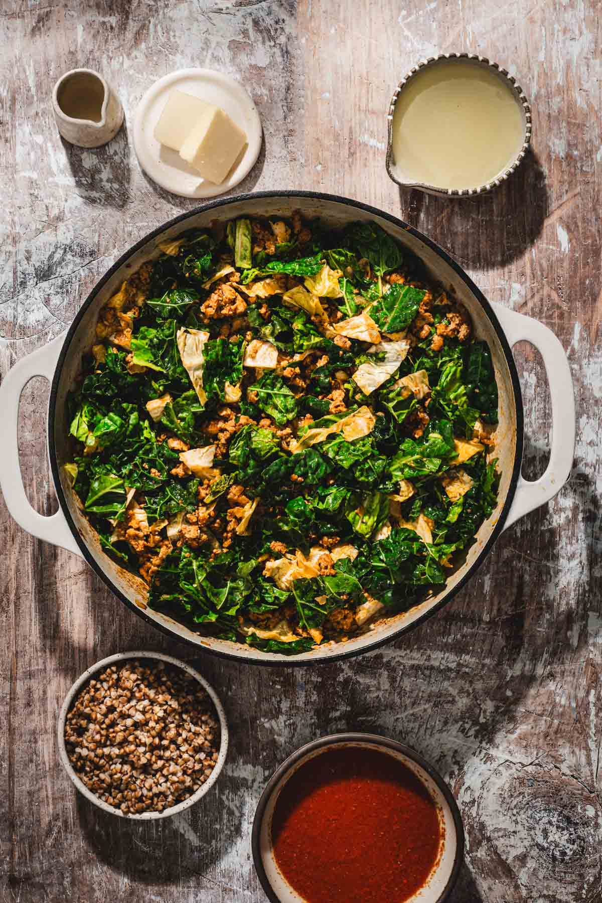 skillet with cabbage and meat