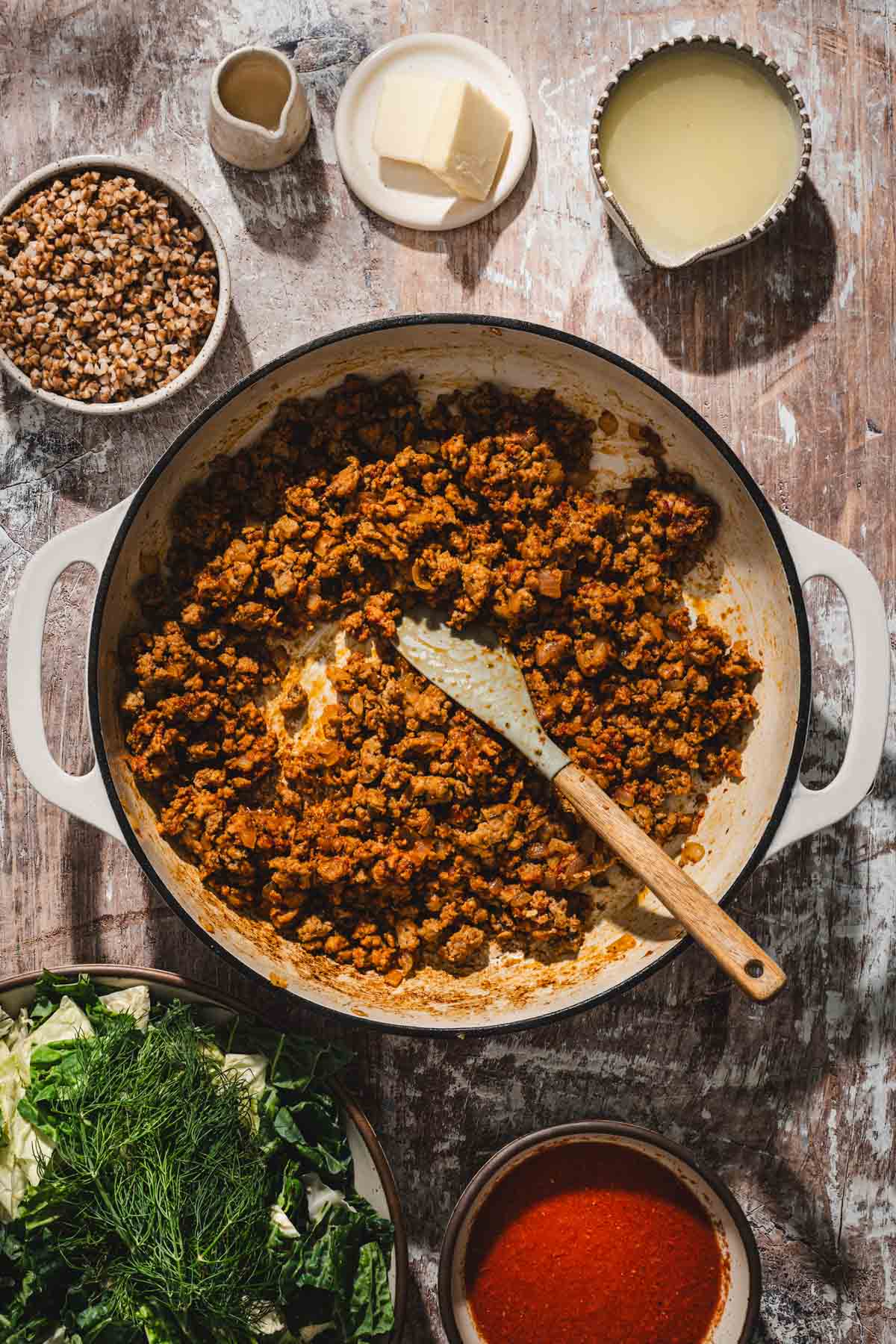cooked ground meat in a skillet