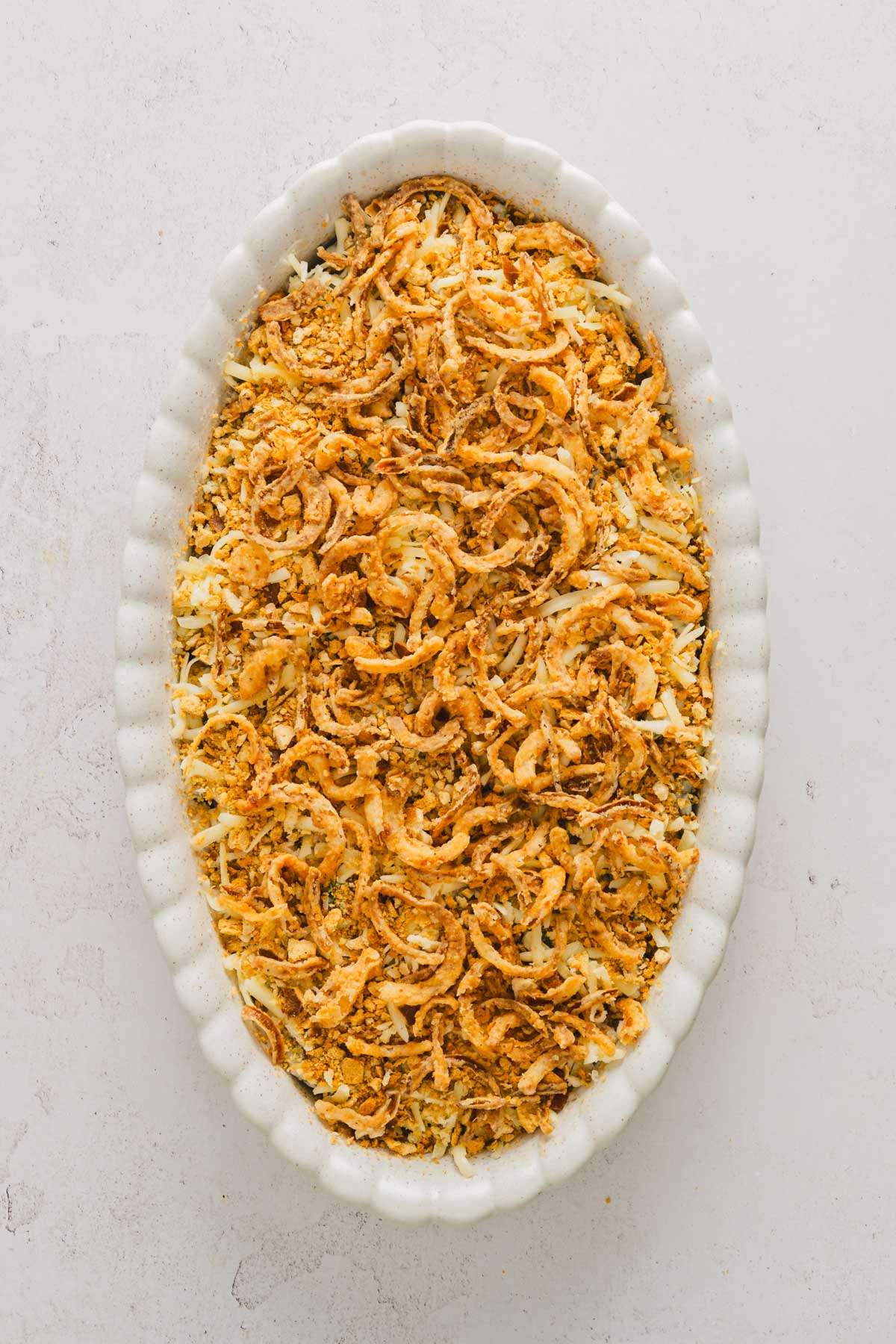 crispy onions added to the green bean casserole