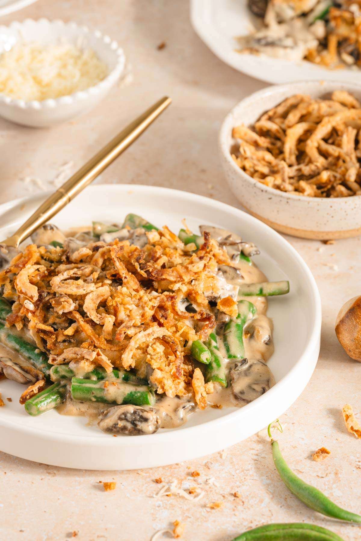 side view of the plate with green bean casserole