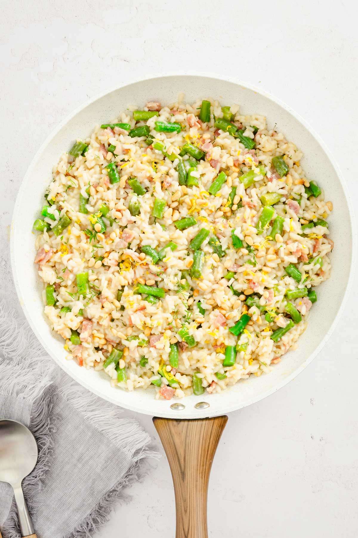 sauté pan with finished risotto, close up