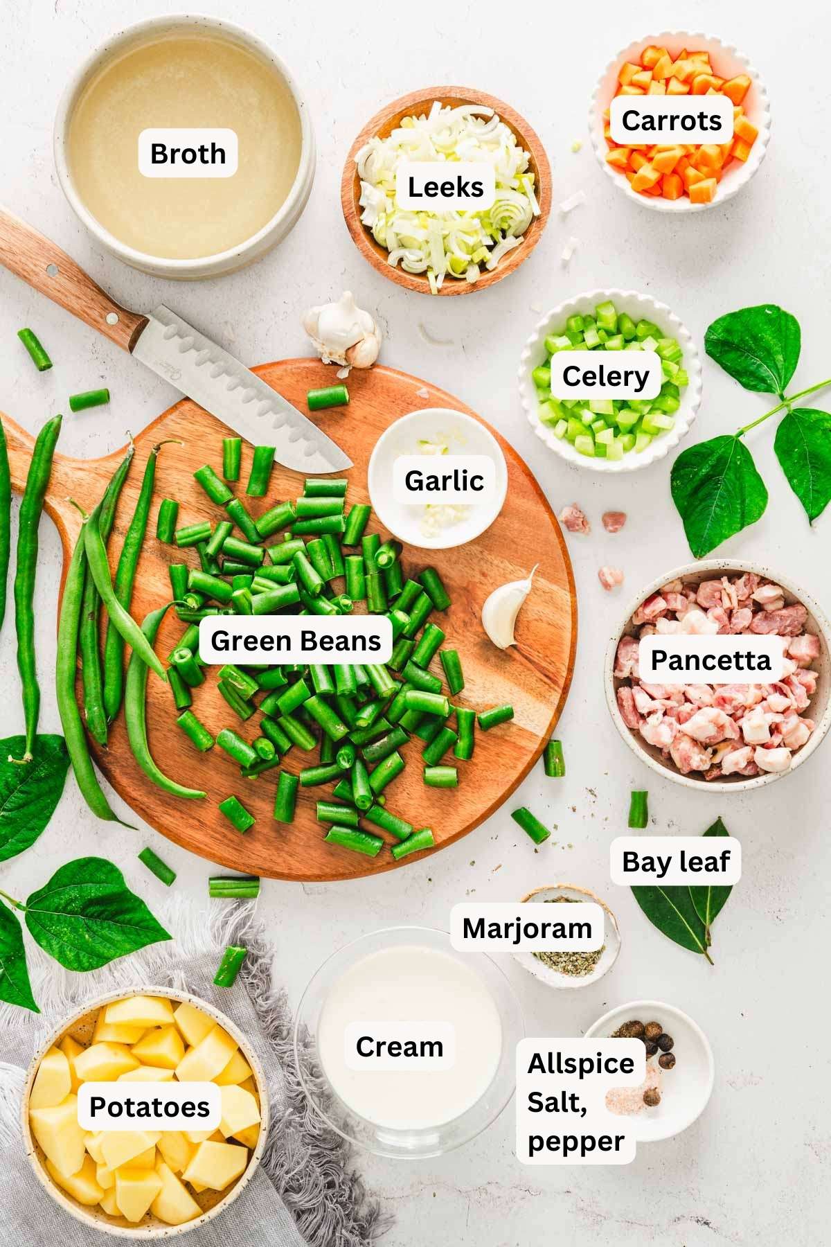 ingredients to make green bean soup with name tags