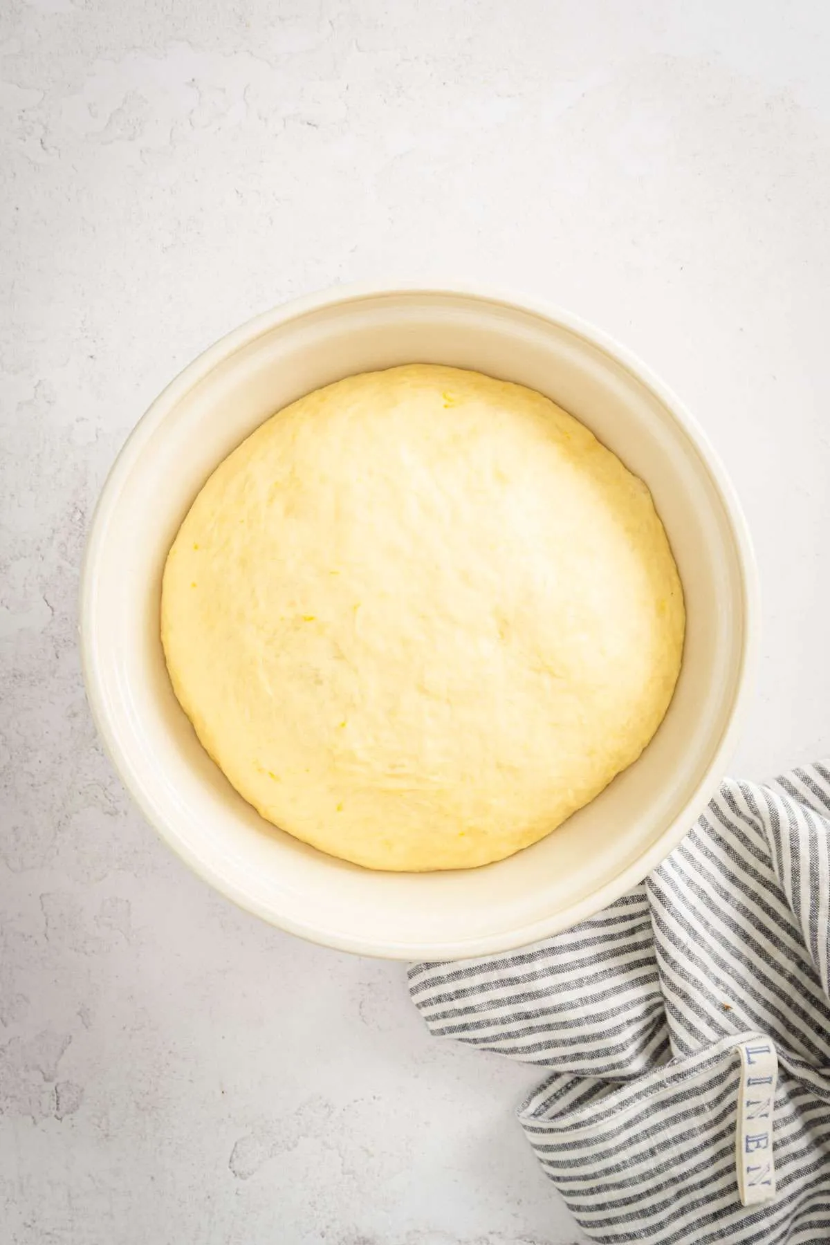 risen dough in a mixing bowl