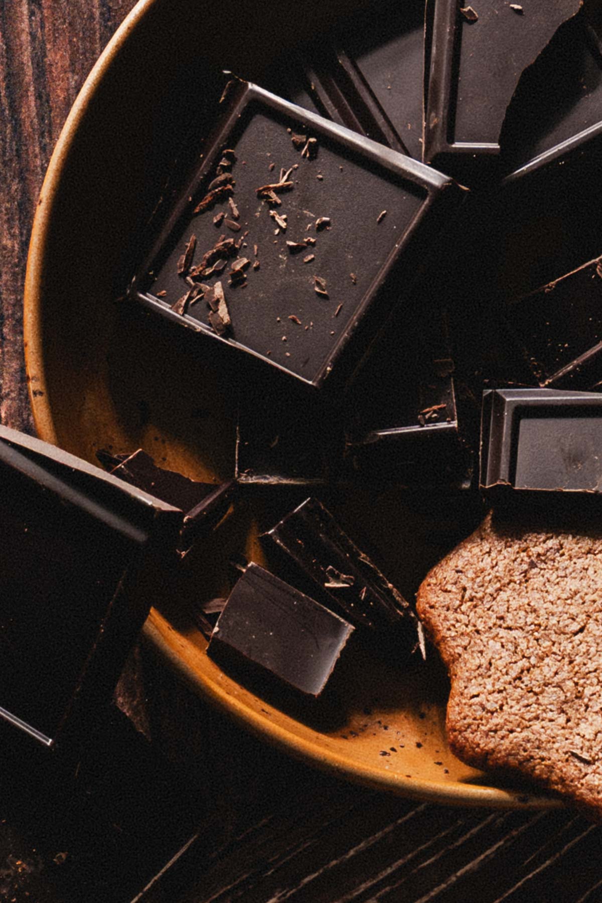 close up of a darkchocolate on a plate