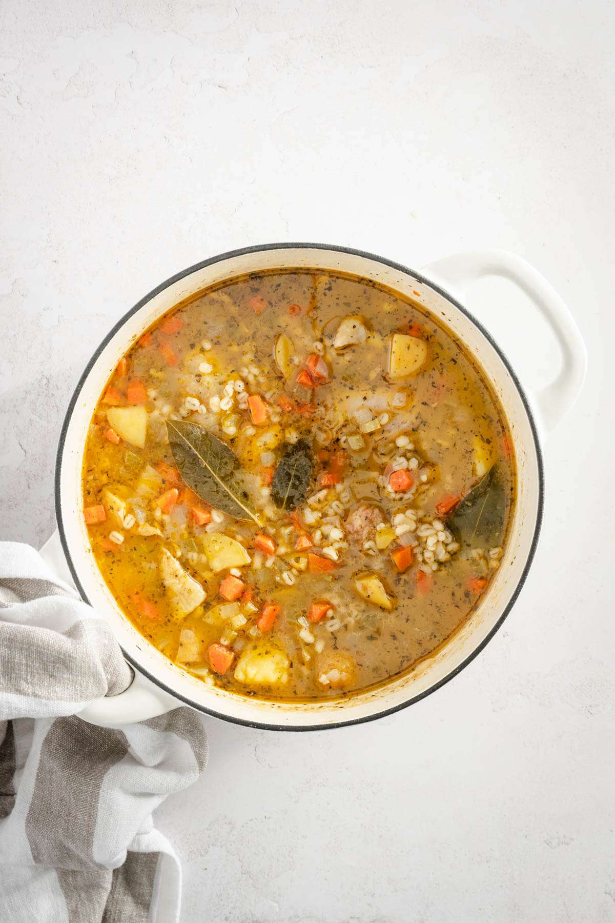 krupnik soup in a pot, done cooking