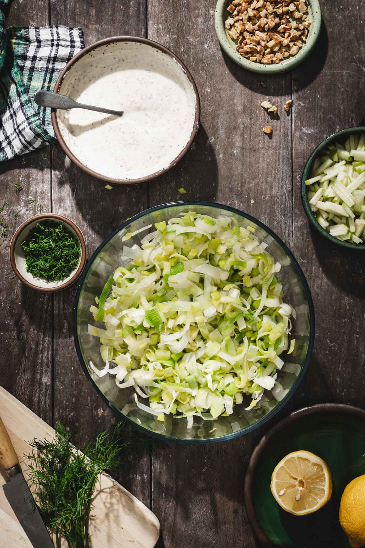 chopped leeks in a glass bowl