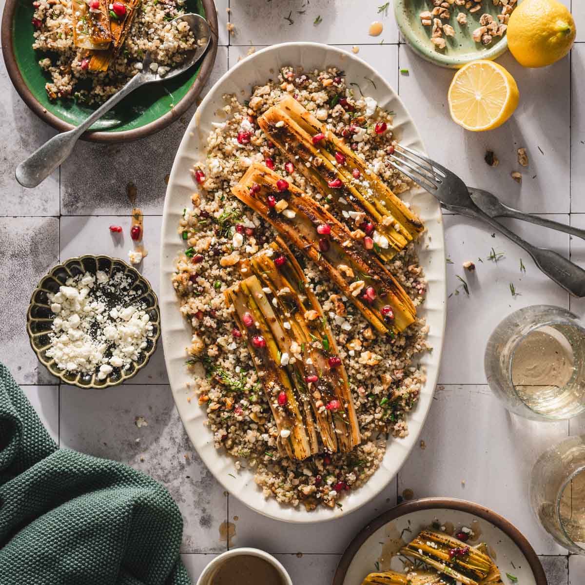 serving platter with the quinoa leeks salad