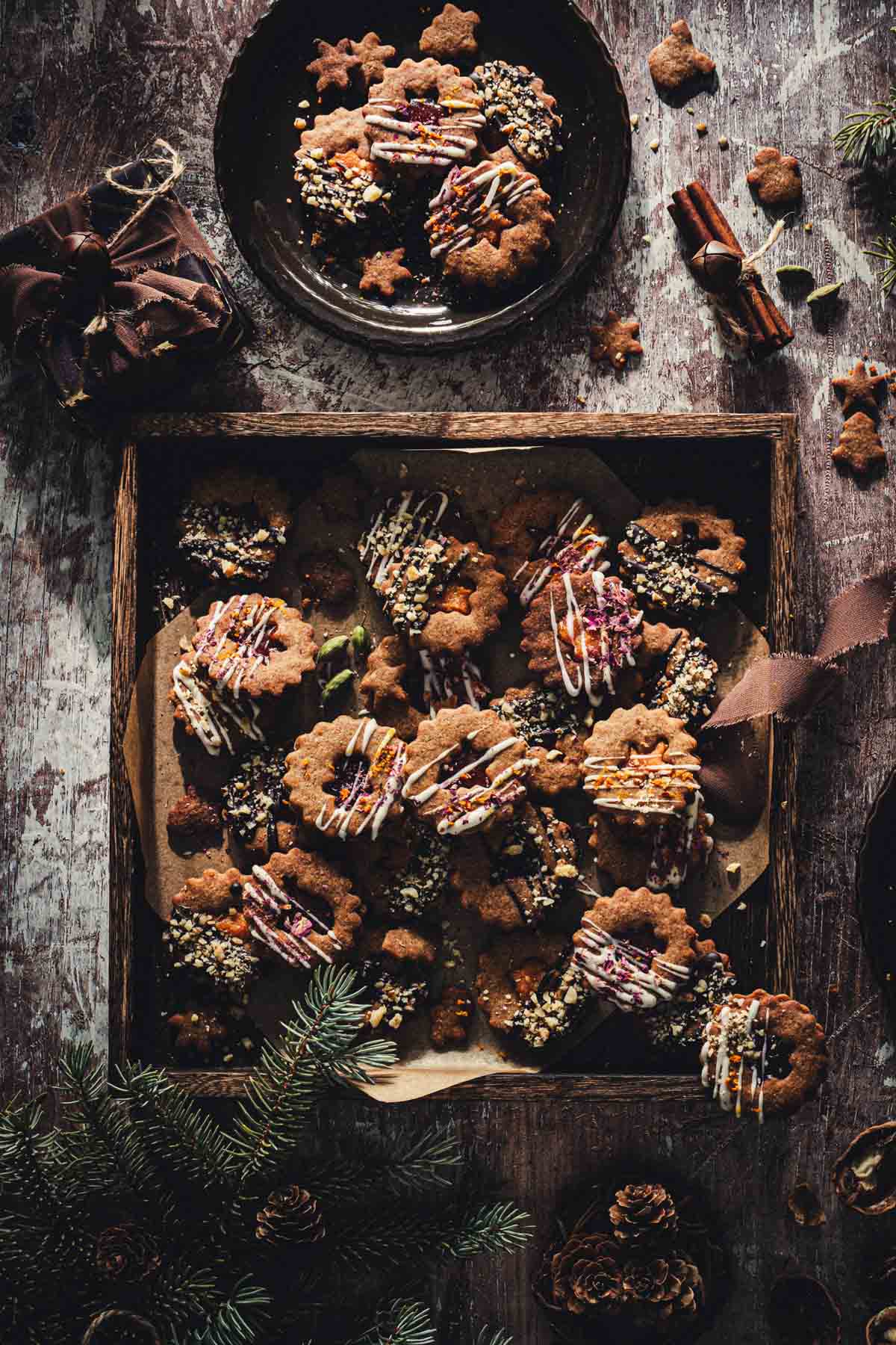 top view of cookies on a wooden serving tray