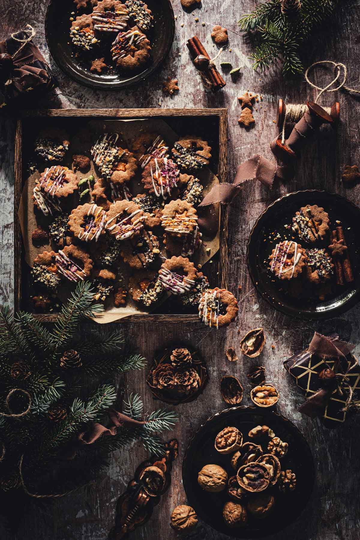 cookies on trays, and plates