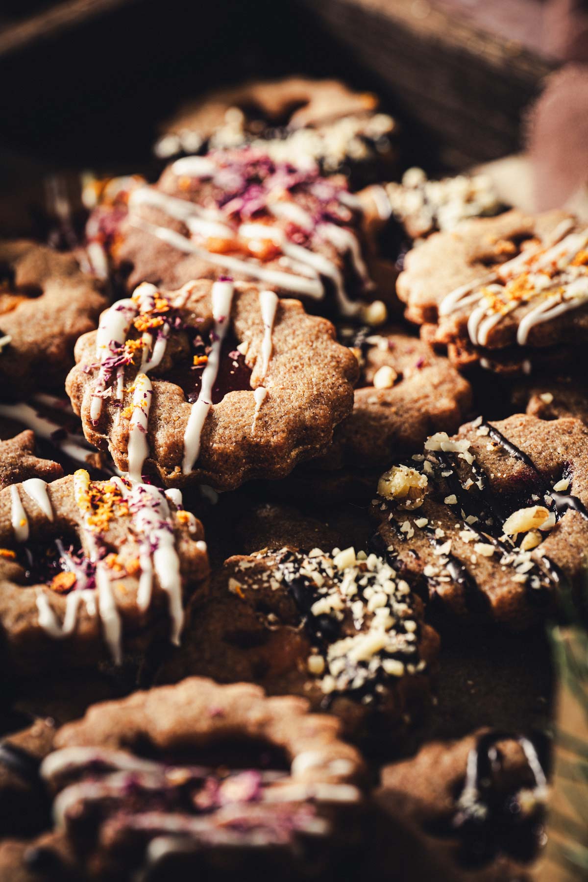 side view of cookies on a weooden tray