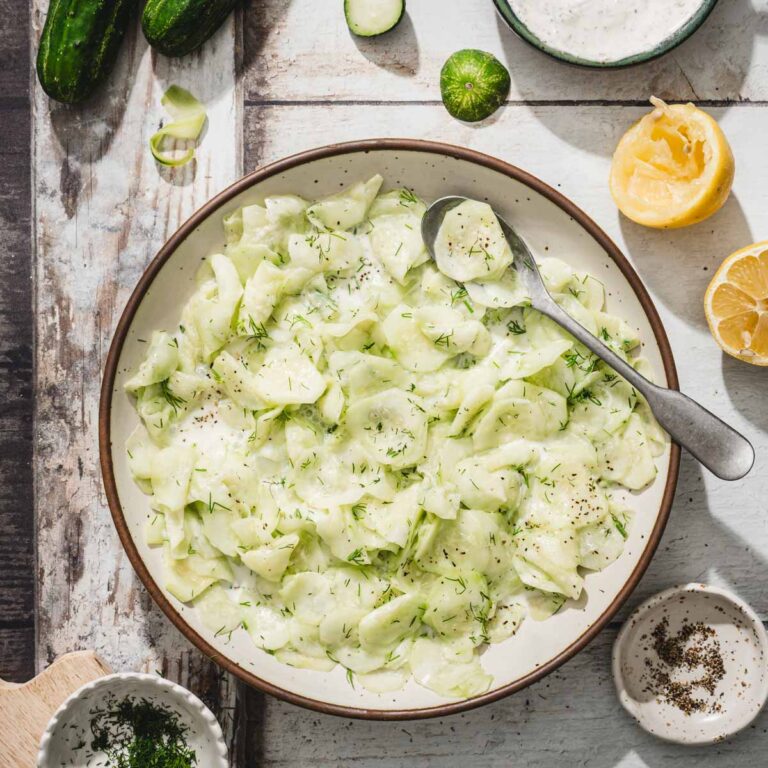 close up of mizeria in a serving bowl