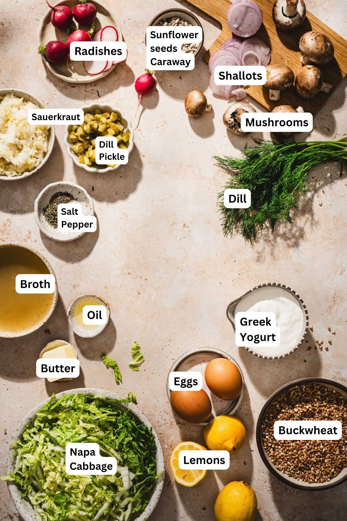 inredients to make buckwheat mushroom bowl wiht name tags