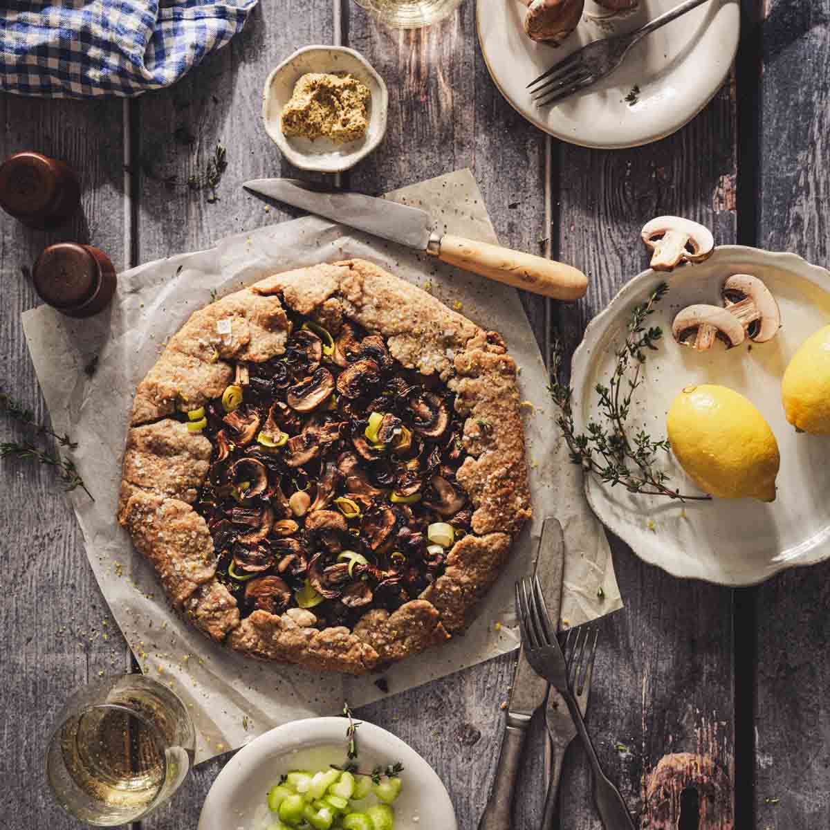 baked galette on a parchment paper, serving plates