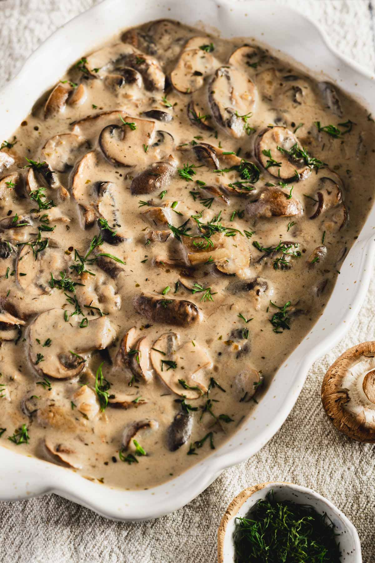 mushroom sauce in a serving dish, close up