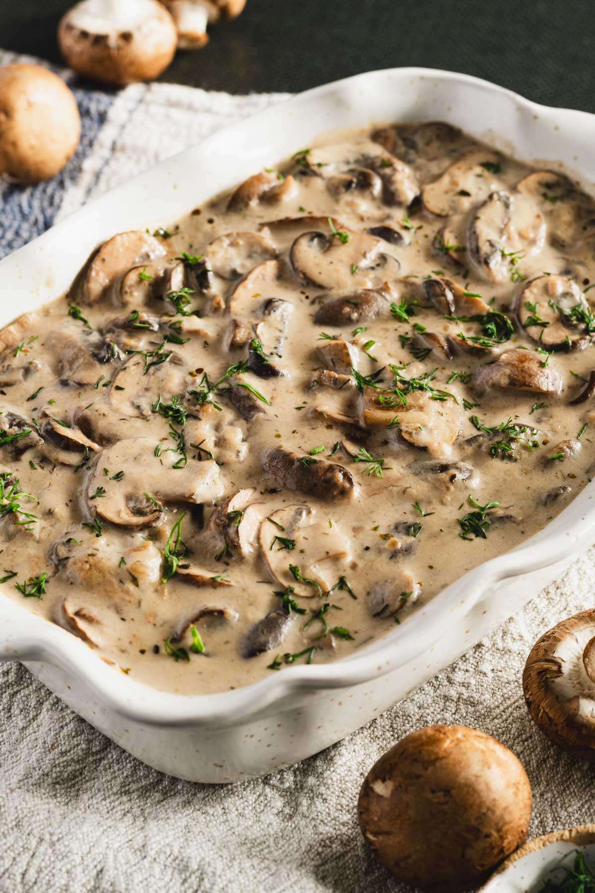 mushroom sauce in a serving dish, close up