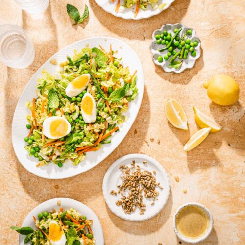 oval plate with napa salad, other plates with salad