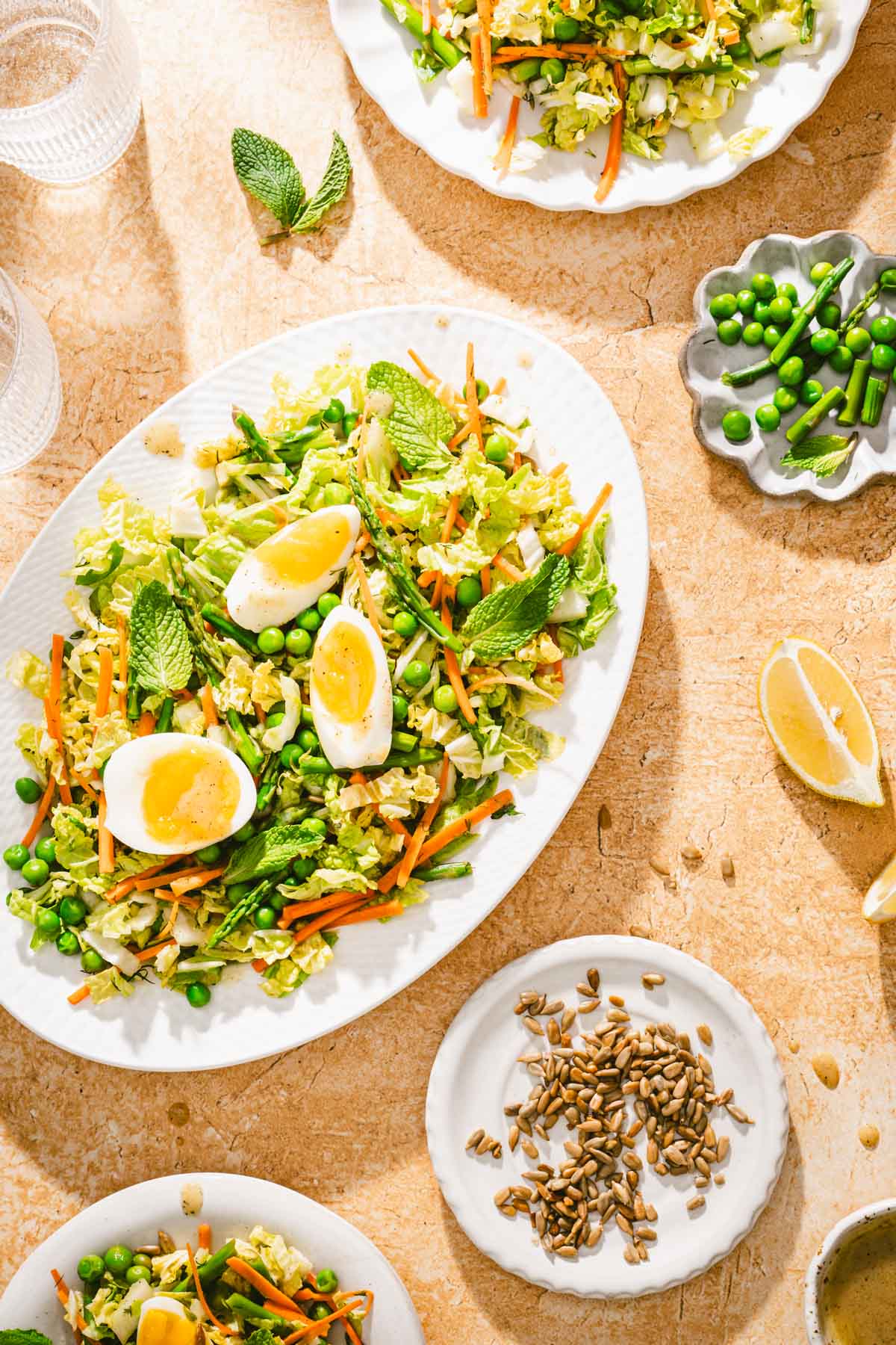 yellow bacdrop, close up of an oval plate with napa salad, small dishes around