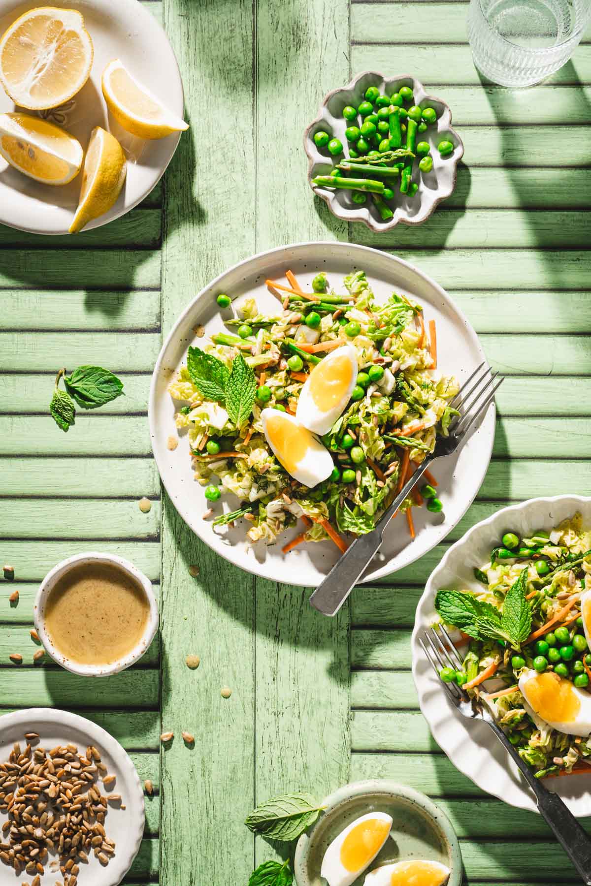 green background, various plates with napa salad, dish with sauce