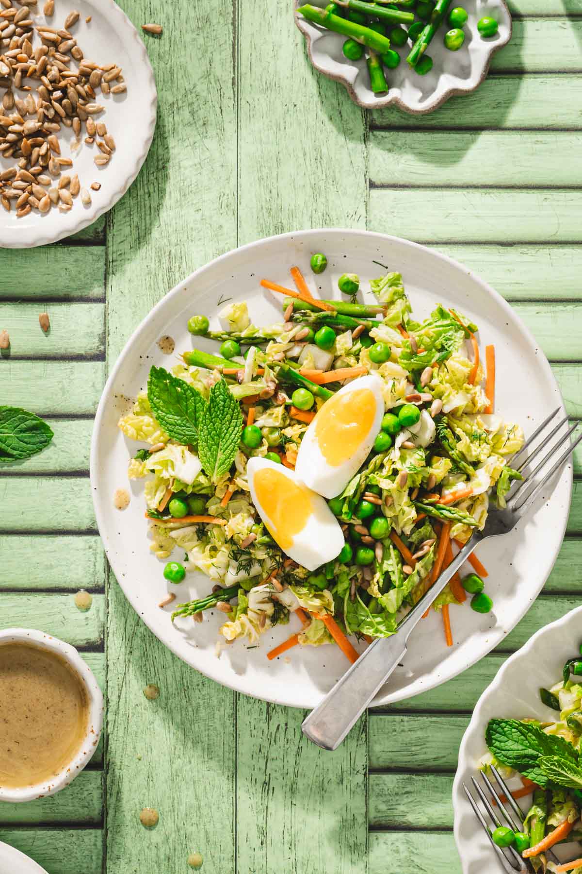 green background, plate with napa salad, dish with sauce