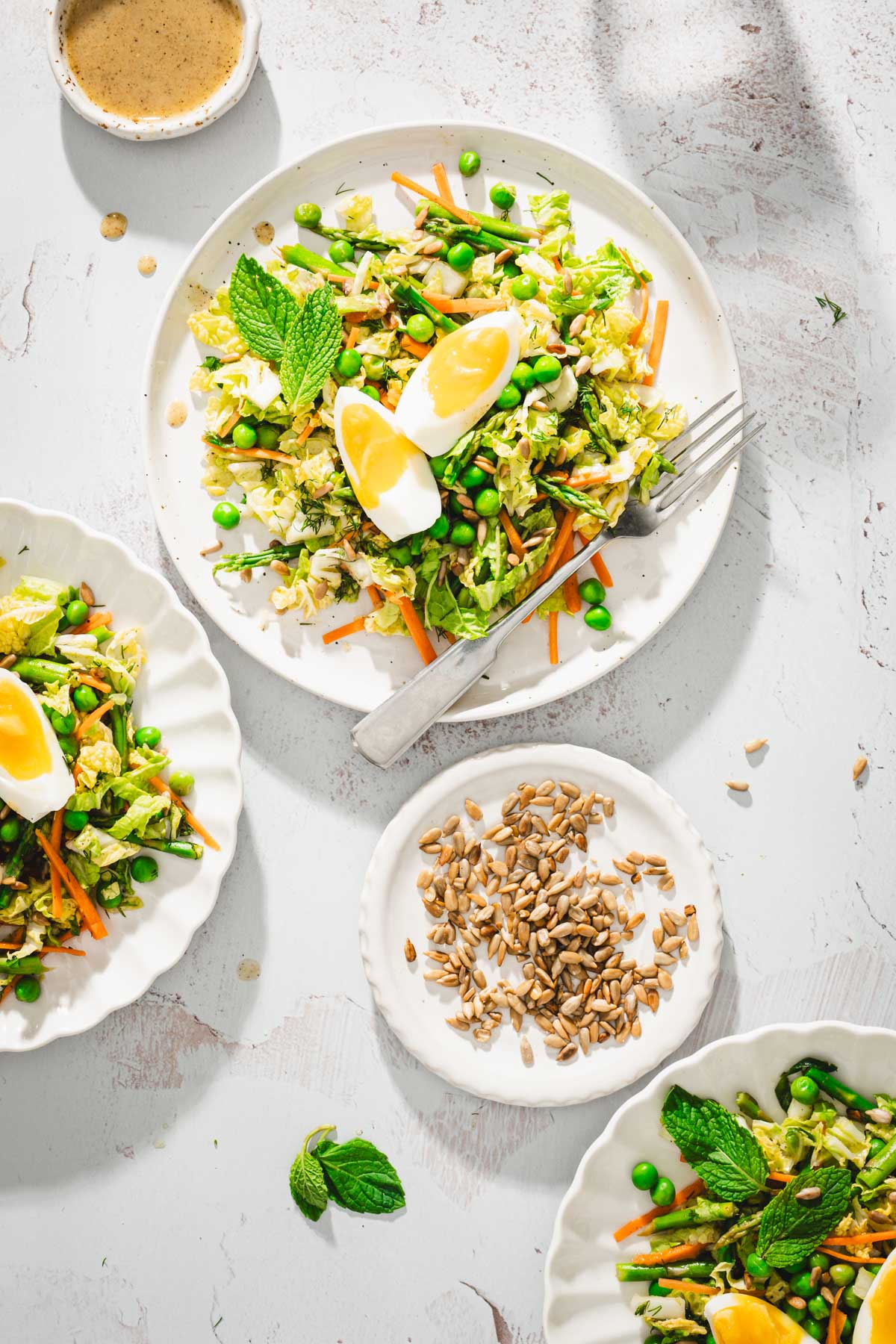 serving plates with napa salad, sunflower seeds