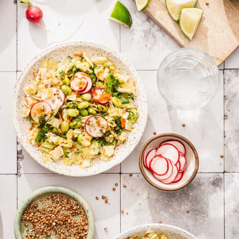 serving bowl with napa salad, dish with pickled radishes