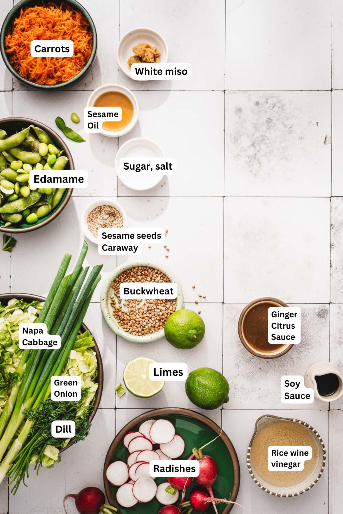 ingredients to make napa cabbage salad with name tags