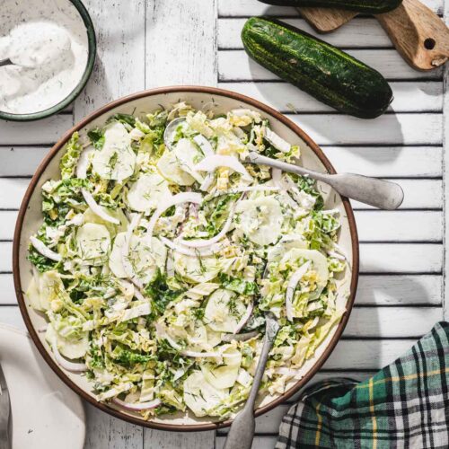large serving bowl with napa mizeria salad