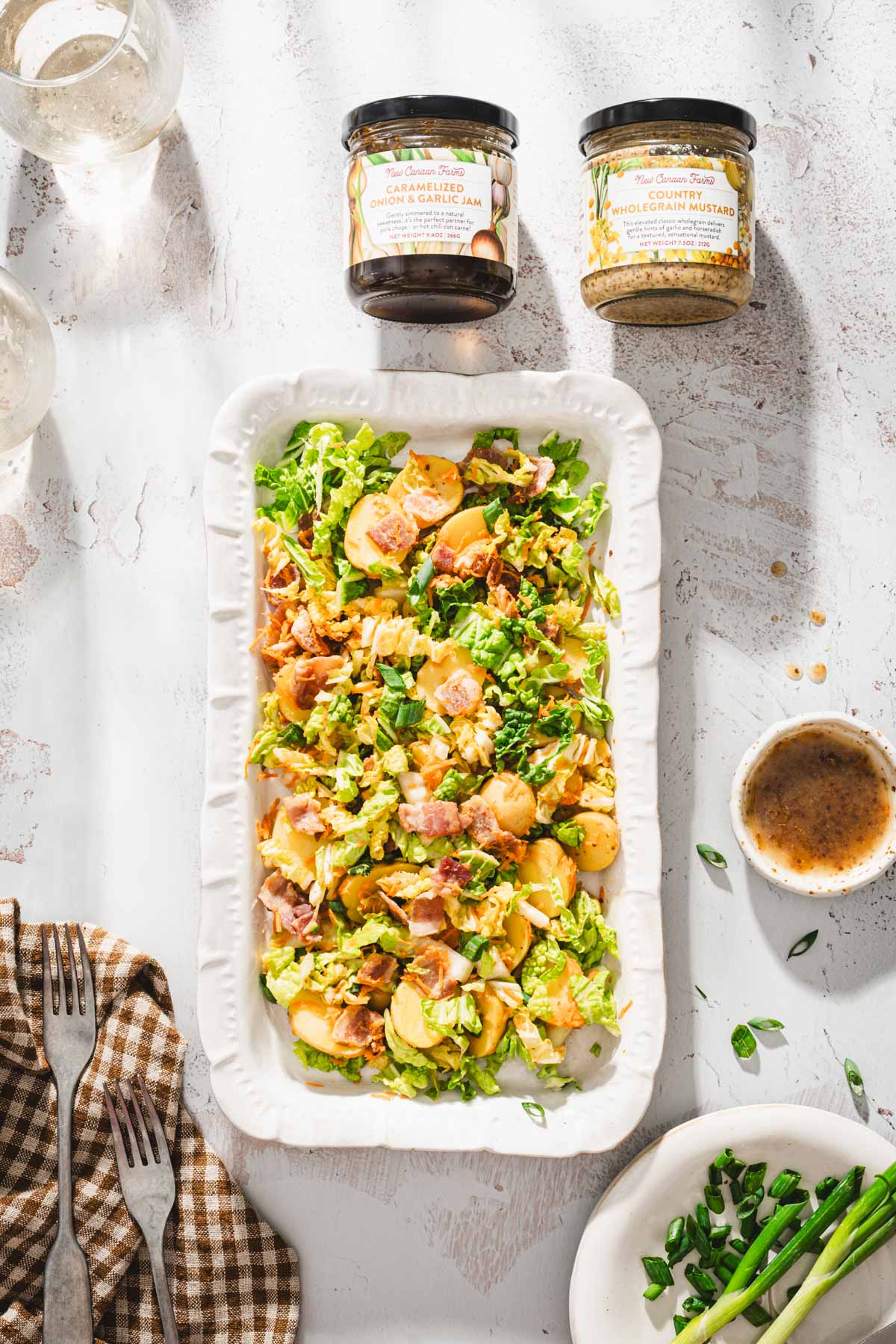 platter with napa salad, branded jars