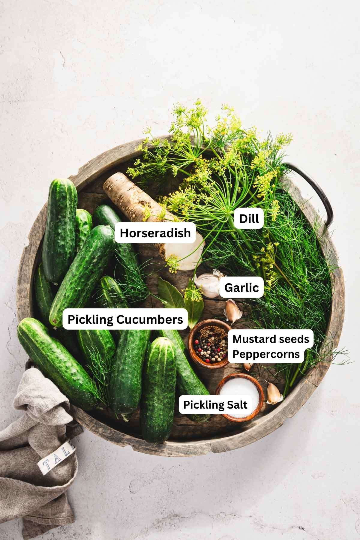 ingredients to make half sour pickles arranged on a wooden tray with name tags